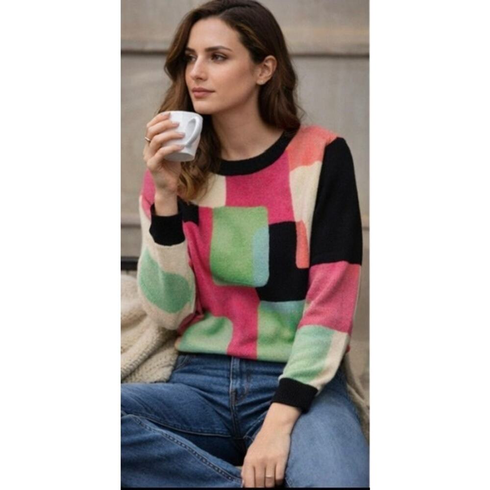 Avverie 100% Cashmere Sweater PS Colorblock Pink Green Black Crew Neck Soft Luxe - Picture 3 of 4